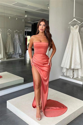 Dark Green Long Strapless Mermaid Satin Evening Dress with Split