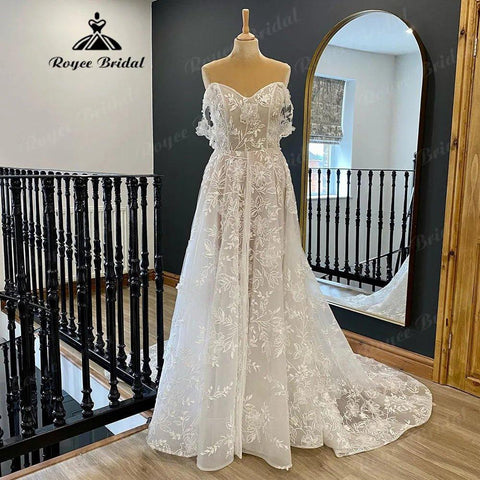 Country Off Shoulder Vollspitze V-Ausschnitt Brautkleid für Frauen 2024 Brautkleid mit Flügelärmeln Vestido Longo Festa de Casamento 