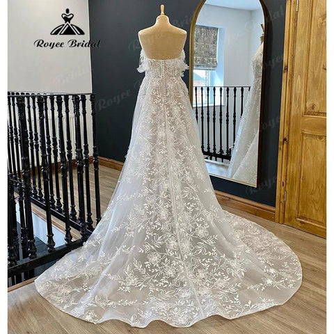 Country Off Shoulder Vollspitze V-Ausschnitt Brautkleid für Frauen 2024 Brautkleid mit Flügelärmeln Vestido Longo Festa de Casamento 
