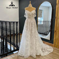 فستان زفاف ريفي بأكتاف مكشوفة ورقبة V من الدانتيل الكامل للنساء 2024 مع أكمام قصيرة vestido longo festa de casamento