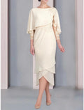 Vestido de Madre de la Novia para Invitada de Boda Elegante y Petite con Escote Cuchara, Largo Té, Mangas 3/4 de Chiffón y Aplicaciones de Encaje en Niveles