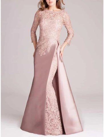 Meerjungfrau/Trompete Kleid für die Brautmutter, Hochzeitsgast, elegant, U-Ausschnitt, bodenlang, Satin, lange Ärmel mit Spitze, Schlitz vorne