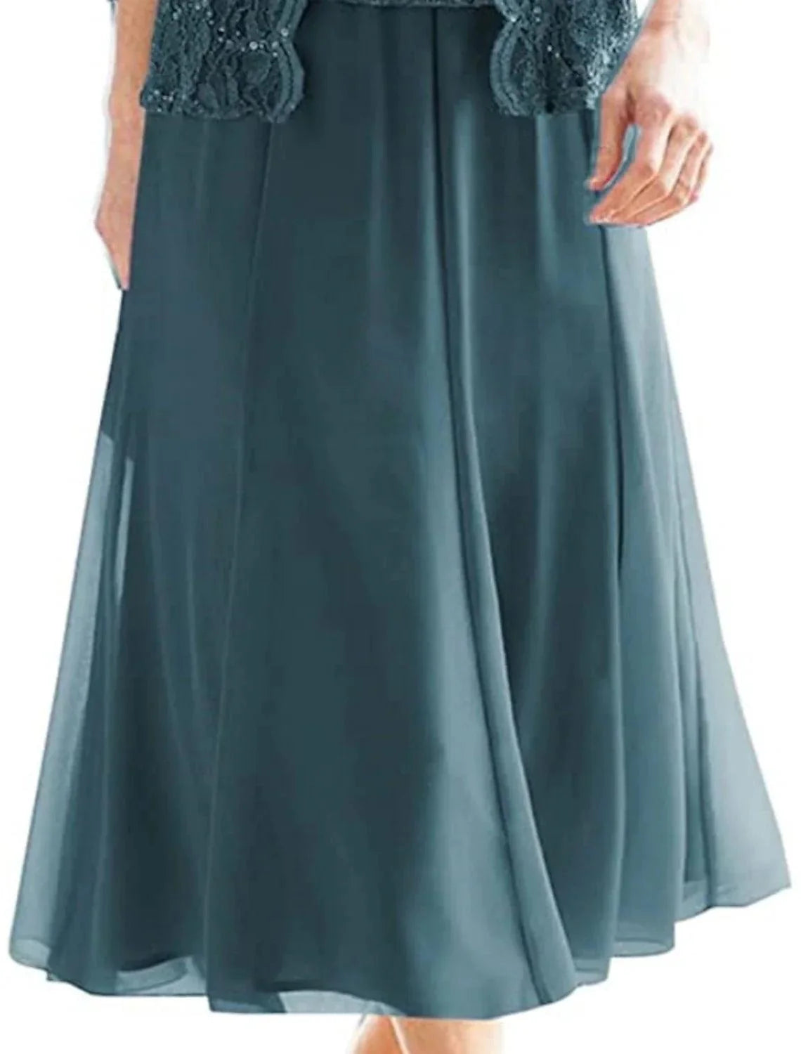 Vestido de mãe da noiva elegante, vintage, com brilho e cintilante, decote quadrado, comprimento chá, chiffon, renda, manga 3/4, pregas, lantejoulas