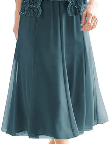 Zweiteiliges elegantes Vintage Sparkle &amp; Shine Kleid für die Brautmutter, quadratischer Ausschnitt, knielang, Chiffon, Spitze, 3/4-Ärmel, Falten, Pailletten