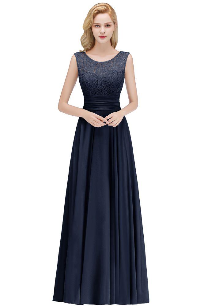 Crew Neck Lace Top Sleeveless Chiffon Bridesmaid Dress Aline Formal Dress