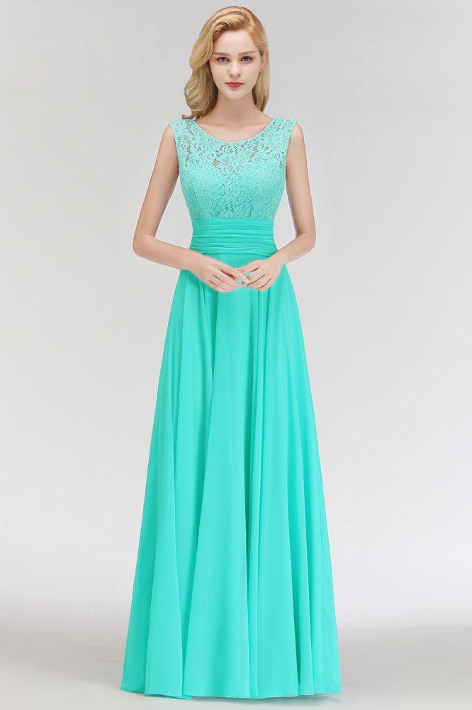 Crew Neck Lace Top Sleeveless Chiffon Bridesmaid Dress Aline Formal Dress