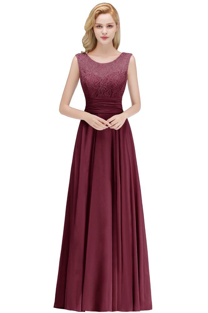 Crew Neck Lace Top Sleeveless Chiffon Bridesmaid Dress Aline Formal Dress