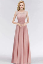 Crew Neck Lace Top Sleeveless Chiffon Bridesmaid Dress Aline Formal Dress by misshow.com