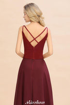 Cross Backless  Floor Length Satin Evening Gowns Burgundy Bridesmaid Dress