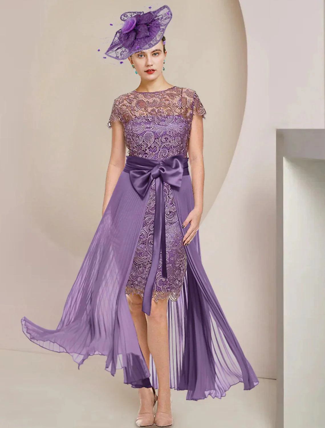 Vestido de mãe da noiva de duas peças, estilo coluna, formal, para convidada de casamento, elegante, destacável, decote redondo, comprimento até ao joelho, chiffon, renda, manga curta com laço(s), pregas, aplicações