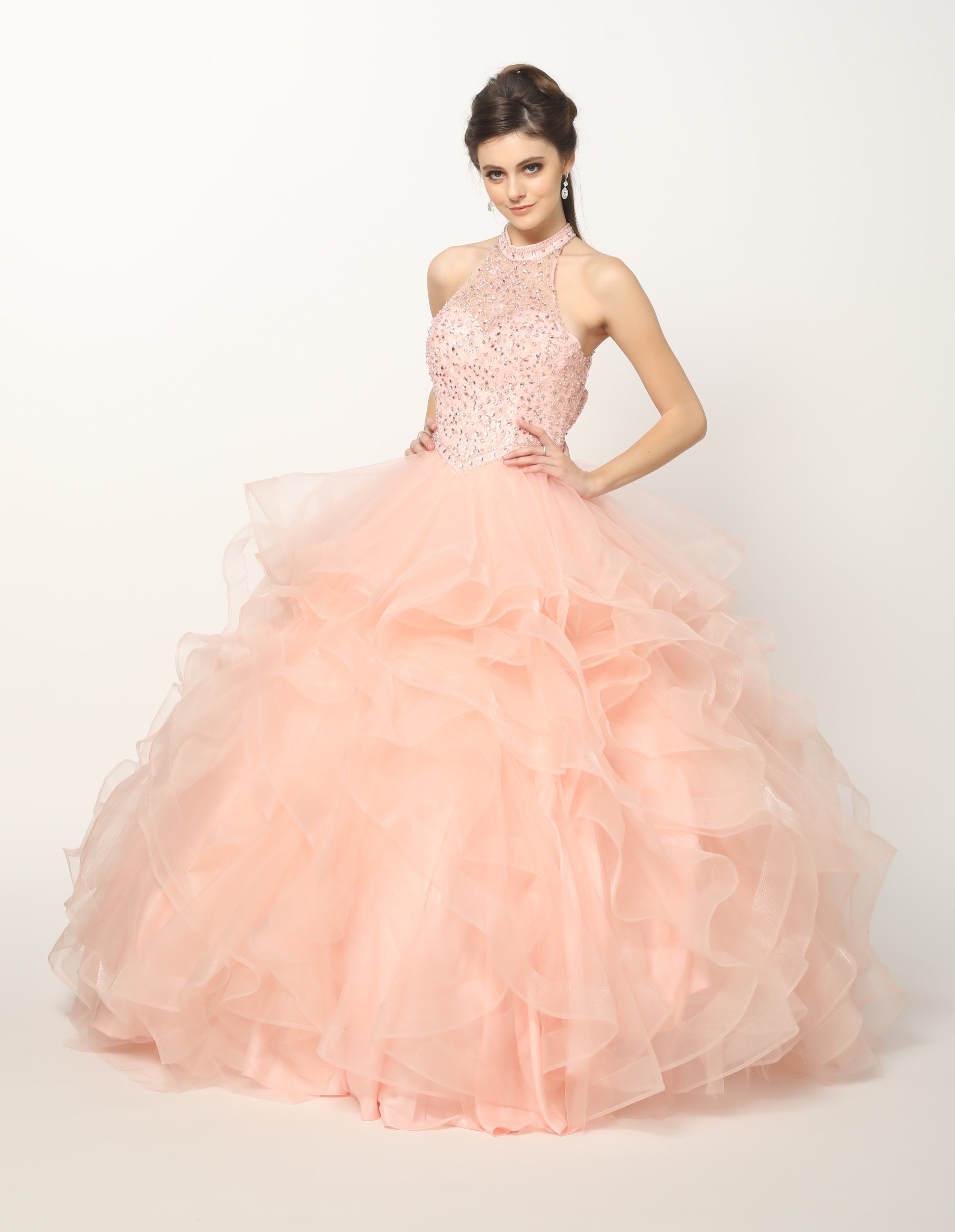 Ruffled High Neck Ball Gown by Juliet 1420