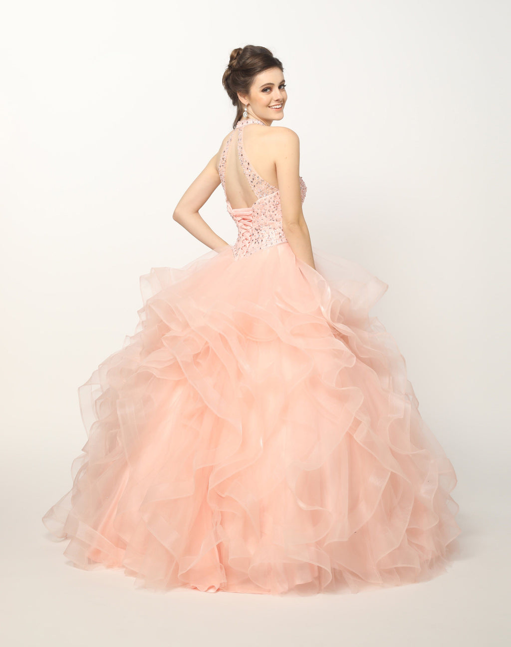 Ruffled High Neck Ball Gown by Juliet 1420