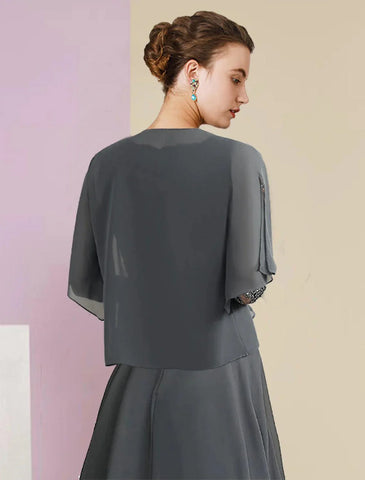 Zweiteiliges A-Linien-Kleid für die Mutter der Braut, formelle Hochzeitsgastparty, eleganter quadratischer Ausschnitt, asymmetrische Teelänge, Chiffonspitze, 3/4-Ärmel, Wickelkleid inklusive, mit gerüschten Applikationen