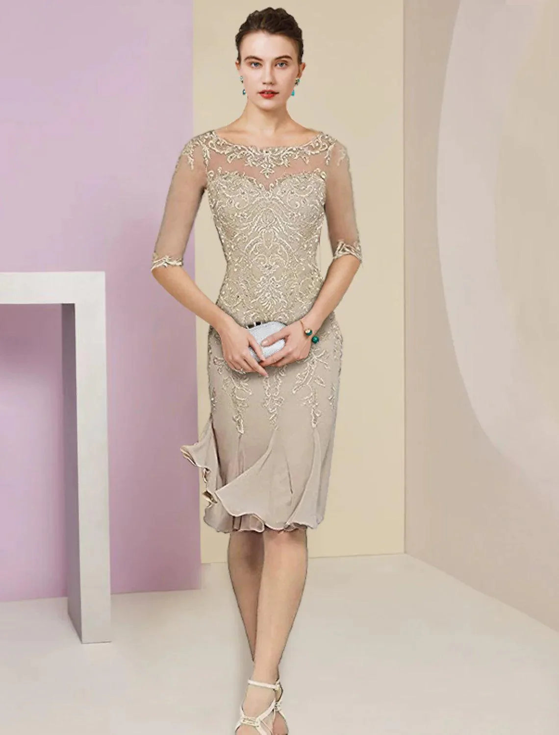 Vestido de mãe da noiva em duas peças, estilo sereia/trompete, para convidada de casamento, vintage, elegante, decote redondo, comprimento até ao joelho, chiffon, renda, manga curta, com pregas e aplicações