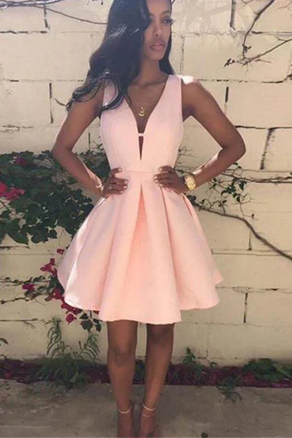 Maßgefertigt V-Ausschnitt Rosa Kurzes Abschlussballkleid Rosa V-Ausschnitt Homecoming-Kleid PD158