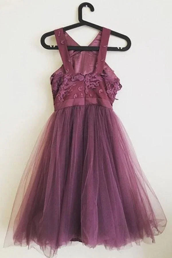 Vestido de Fiesta Hogareña Morado con Aplicaciones de Tul y Corte en A Línea PD300