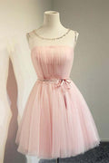 Robe de bal courte rose en tulle à encolure ronde et coupe A PD131