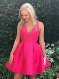 Robe courte de bal ou de rentrée scolaire mignonne, coupe A, décolleté en V, dos ouvert, couleur fuchsia
