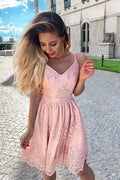Robe de bal A-Line mignonne à col en V, bretelles spaghetti et dentelle rose blush PD425
