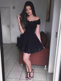 Robe de bal ou de remise de diplôme courte et mignonne, noire, en dentelle, sans manches et évasée