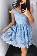 Vestido Corto de Encaje Azul Lindo para Baile de Graduación Vestido de Encaje Azul para Fiesta de Regreso a Casa PG172