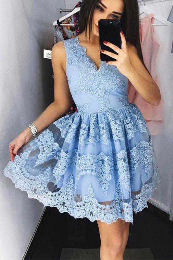 Niedliches Blaues Spitzen-Kurzes Ballkleid Blaues Spitzen-Heimkehrkleid PG172