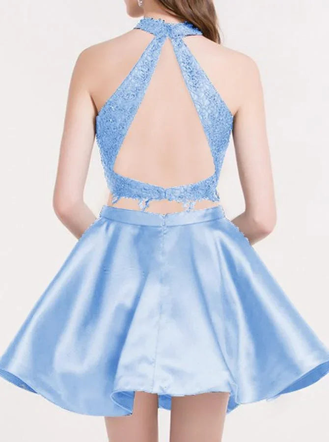 Niedlich Blau Zweiteiler Spitze Satin Kurzes Abschlussballkleid Homecoming-Kleid PG196