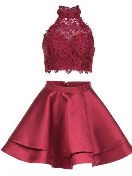 Niedlich Blau Zweiteiler Spitze Satin Kurzes Abschlussballkleid Homecoming-Kleid PG196
