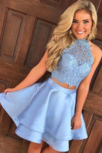 Niedlich Blau Zweiteiler Spitze Satin Kurzes Abschlussballkleid Homecoming-Kleid PG196