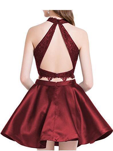 Niedlich Blau Zweiteiler Spitze Satin Kurzes Abschlussballkleid Homecoming-Kleid PG196
