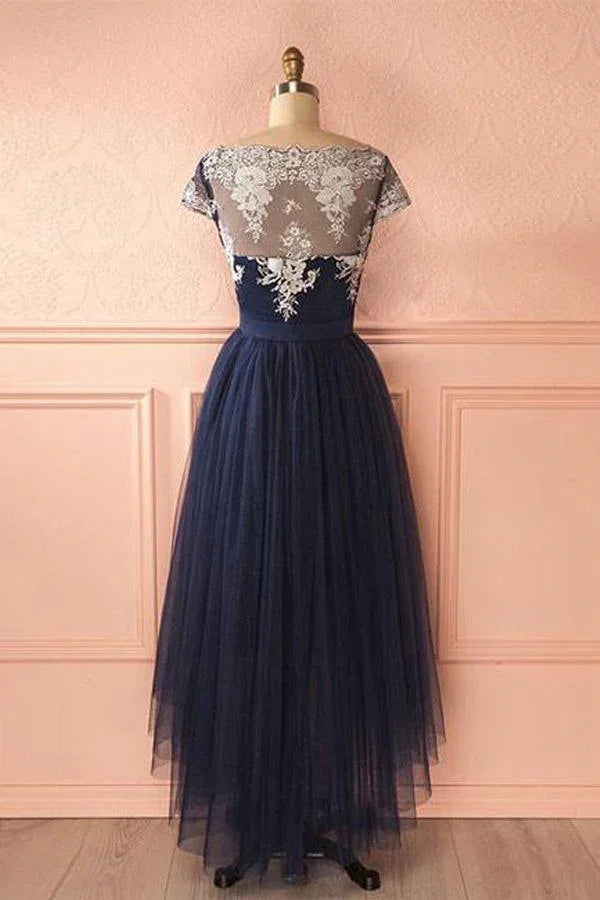 Niedlich Dunkelblau Tüll Spitze High-Low Abschlussballkleid Abendkleider PG421
