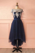 Niedlich Dunkelblau Tüll Spitze High-Low Abschlussballkleid Abendkleider PG421