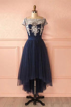 Niedlich Dunkelblau Tüll Spitze High-Low Abschlussballkleid Abendkleider PG421