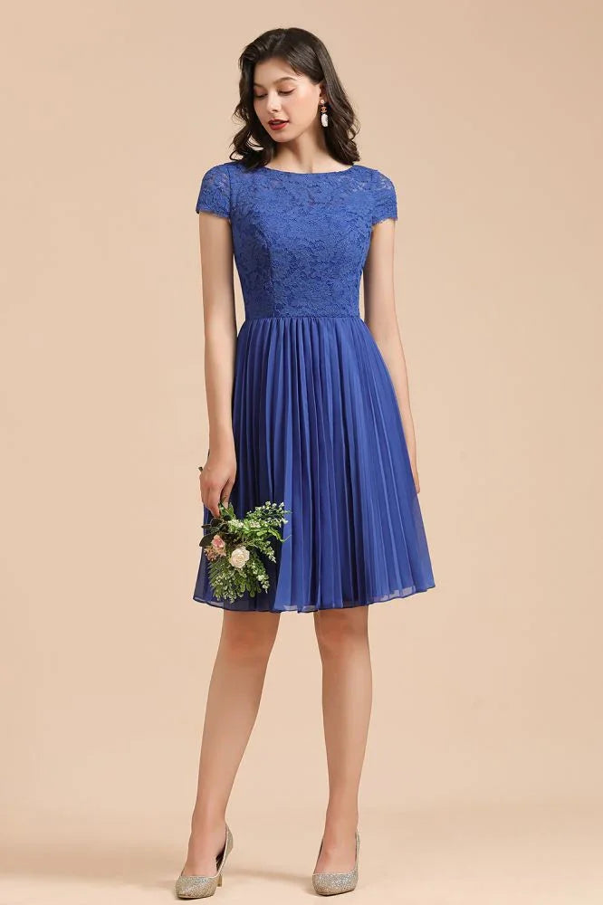 Niedliches Spitze Chiffon Mini-Partykleid Kurzärmlig Kniebundlanges Homecoming-Kleid