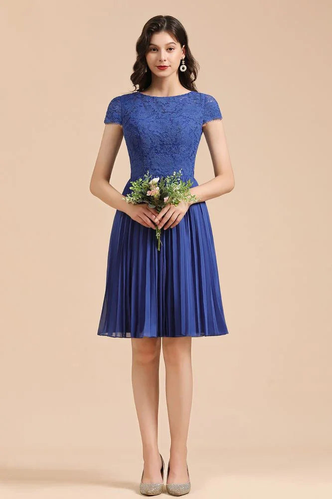 Niedliches Spitze Chiffon Mini-Partykleid Kurzärmlig Kniebundlanges Homecoming-Kleid