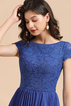 Niedliches Spitze Chiffon Mini-Partykleid Kurzärmlig Kniebundlanges Homecoming-Kleid