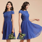 Niedliches Spitze Chiffon Mini-Partykleid Kurzärmlig Kniebundlanges Homecoming-Kleid