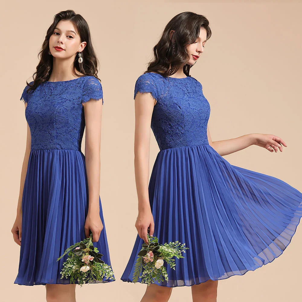 Niedliches Spitze Chiffon Mini-Partykleid Kurzärmlig Kniebundlanges Homecoming-Kleid