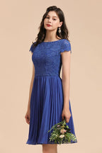 Niedliches Spitze Chiffon Mini-Partykleid Kurzärmlig Kniebundlanges Homecoming-Kleid