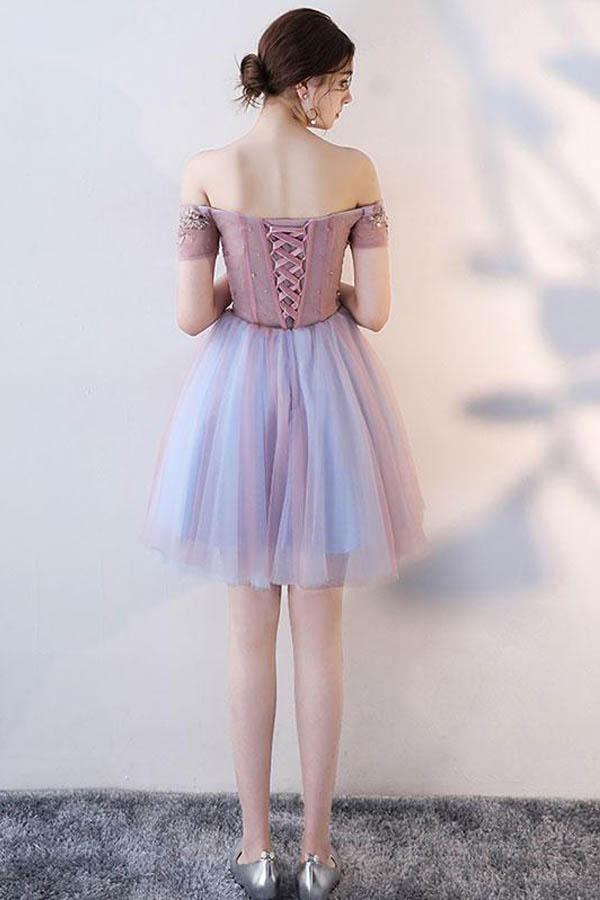 Vestido Corto de Fiesta de Tul con Encaje y Hombros Descubiertos, Lindo, para Baile de Graduación y Recepción Escolar PD143