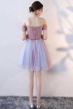 Vestido Corto de Fiesta de Tul con Encaje y Hombros Descubiertos, Lindo, para Baile de Graduación y Recepción Escolar PD143