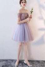 Vestido Corto de Fiesta de Tul con Encaje y Hombros Descubiertos, Lindo, para Baile de Graduación y Recepción Escolar PD143