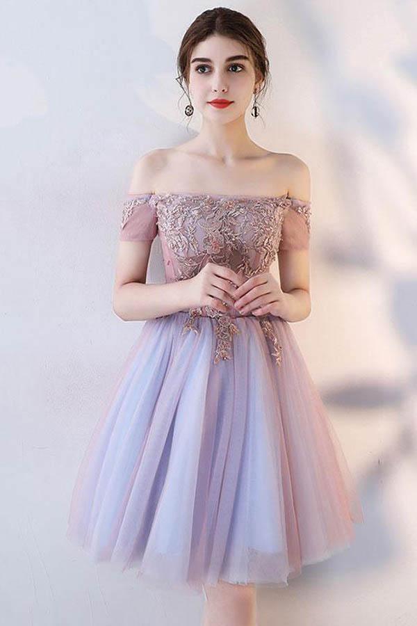 Niedlich Spitze Off The Shoulder Tüll Kurzes Abschlussballkleid Homecoming-Kleid PD143