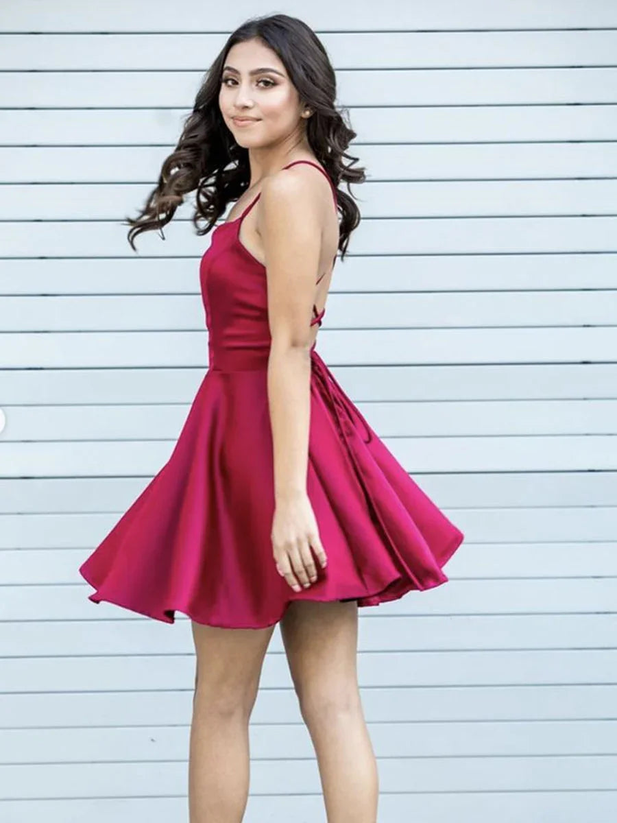 Vestidos Lindos Cortos Sin Mangas Sin Espalda en Línea A de Satén para Baile de Graduación y Recepción