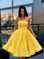 Cute Short A-line Strapless Satin Prom Homecoming Dresses