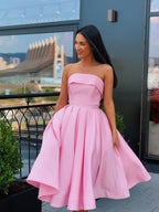 Cute Short A-line Strapless Satin Prom Homecoming Dresses