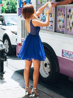 Cute Short A-line V Neck Open Back Lace Prom Dresses Homecoming Dresses