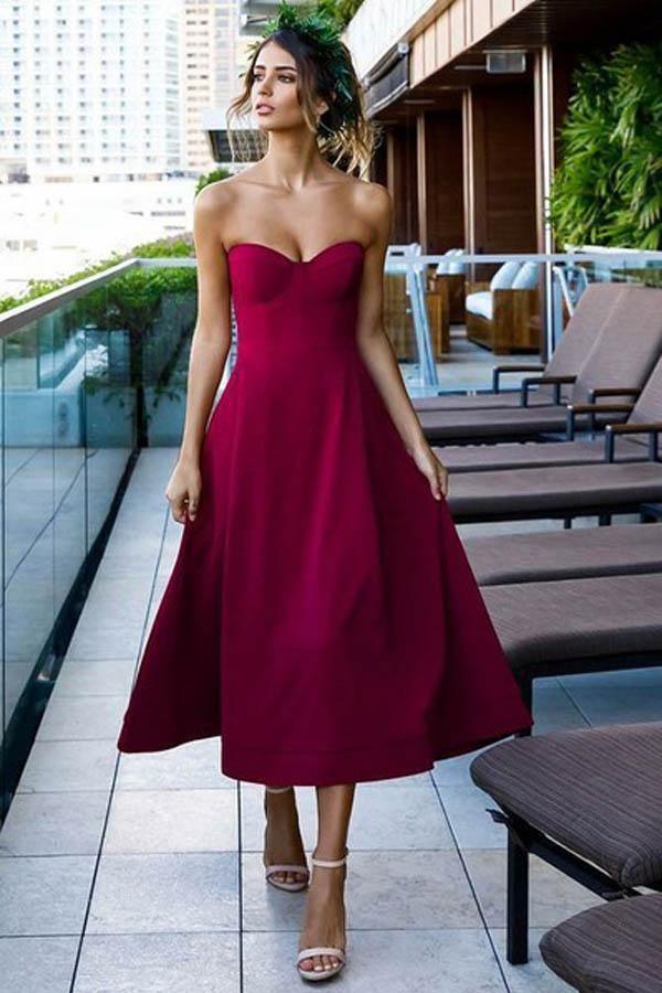 Vestido de Fiesta y Baile de Graduación PD296 en Seda Satinada Uva, Corte Princesa, Largo a la Té, Escote Corazón y Encantador