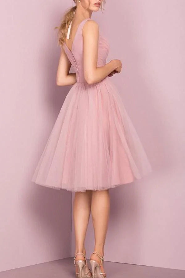 Niedliches V-Ausschnitt Knielanges Rosa Homecoming-Kleid Kurzes Ballkleid PG151