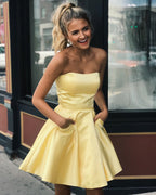 Cute Yellow A-line Strapless Satin Short Prom Homecoming Dresses with Pockets